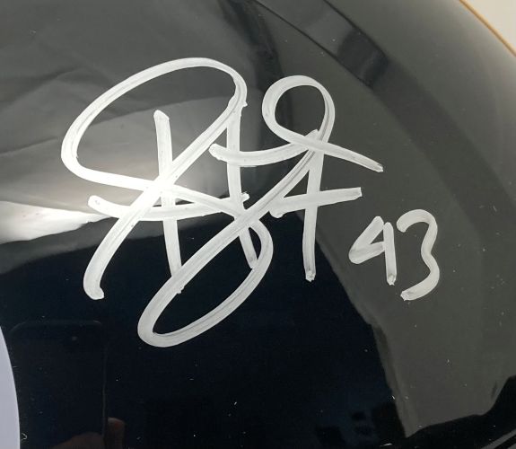 A white autograph and number 43 are signed in marker on the glossy black surface of a Troy Polamalu Signed Pittsburgh Steelers Full Size Speed Replica Helmet by Sports Integrity; background shows reflections and part of a person with a phone.