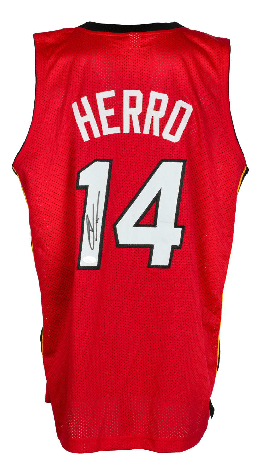The Sports Integrity Tyler Herro Miami Signed Red Basketball Jersey features "HERRO" and number 14 in white, with a signature on the 1. JSA authenticated, this autographed collectible is perfect for fans.