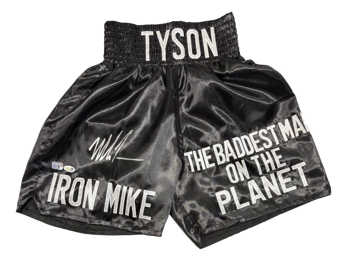 Mike Tyson Signed Custom Black Baddest Man Boxing Trunks JSA QR Hologram