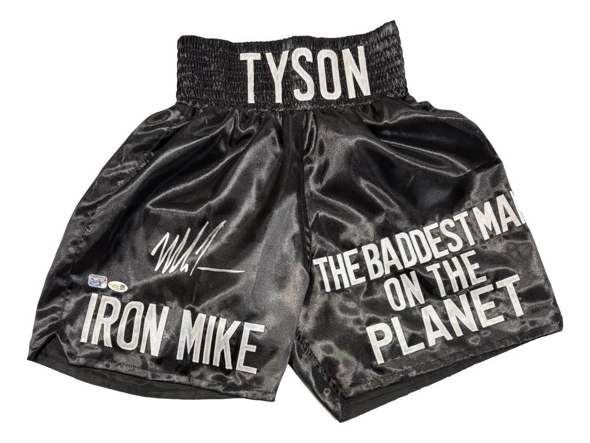 Mike Tyson Signed Custom Black Baddest Man Boxing Trunks JSA QR Hologram