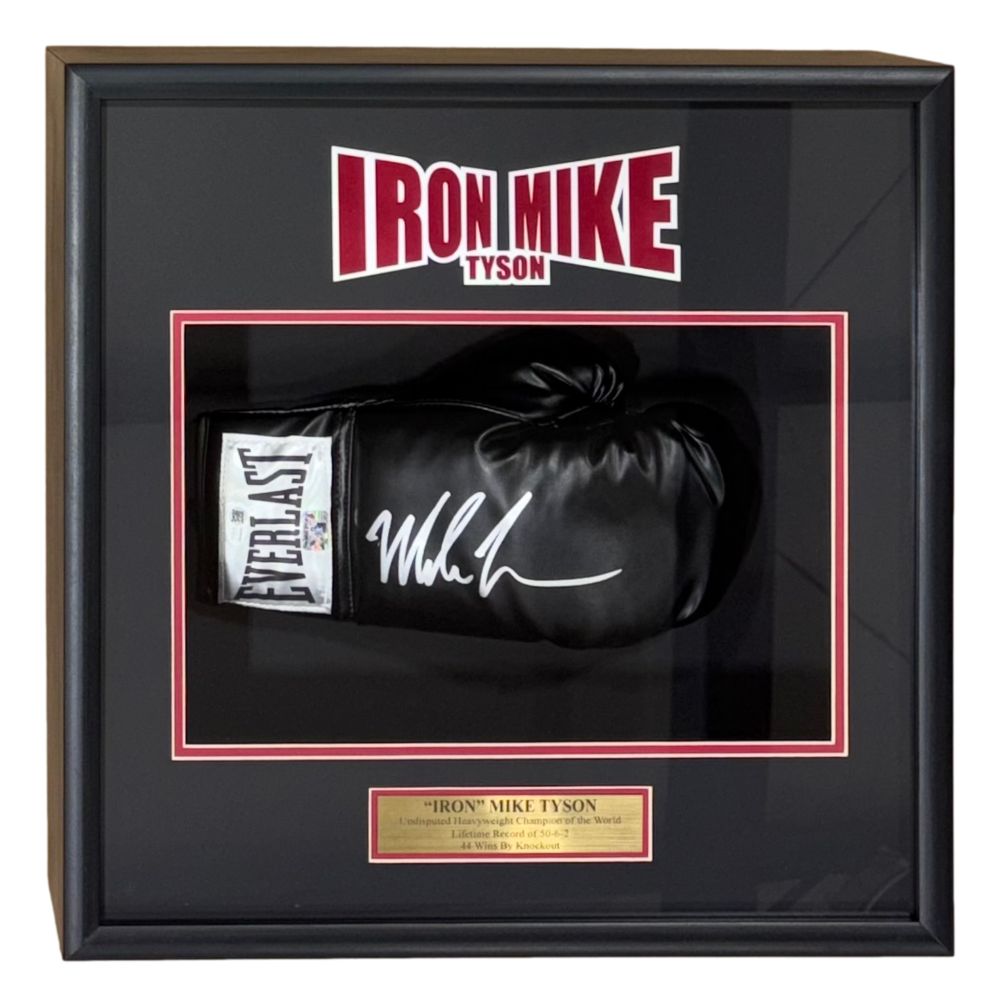 The Sports Integrity Mike Tyson Signed Framed Black Right Hand Everlast Boxing Glove (JSA QR Hologram) features a white signature, "IRON MIKE TYSON" above, a gold plaque below, all set against a black background.