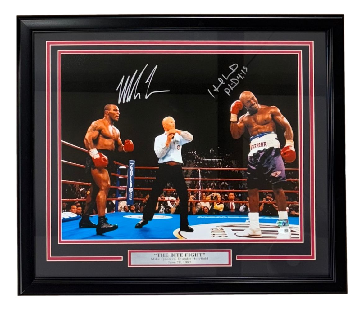 Mike Tyson Evander Holyfield Signed Framed 16x20 Bite Fight Photo JSA QR Hologrm
