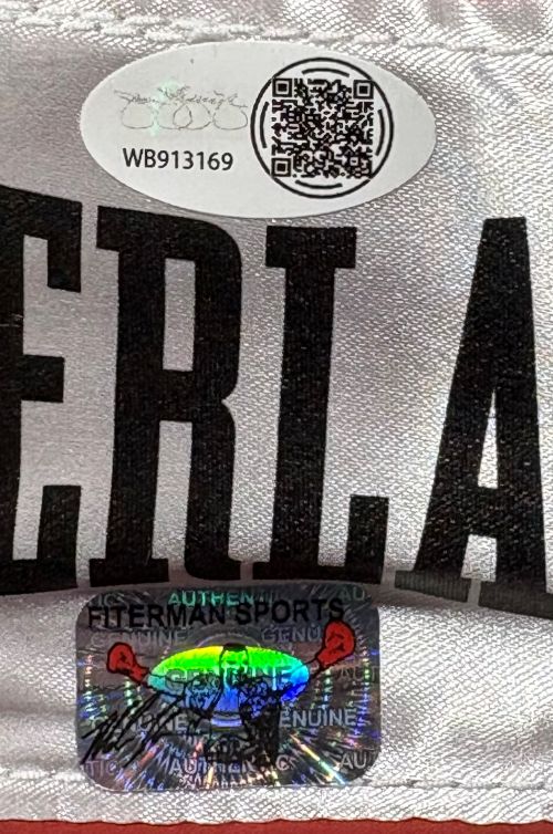 A close-up of a Mike Tyson Evander Holyfield signed red Everlast right hand boxing glove from Sports Integrity, featuring two authentication stickers—one oval with code WB913169 and one holographic Hitman Sports label.
