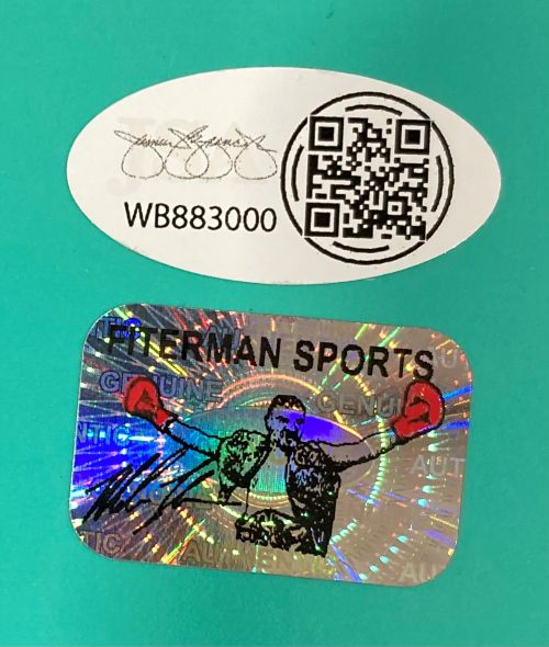 This Sports Integrity Mike Tyson Signed 8x10 Boxing Punch Out Photo includes a JSA QR code sticker and a holographic "HERMAN SPORTS" sticker with a victorious boxer, all set against a teal background.