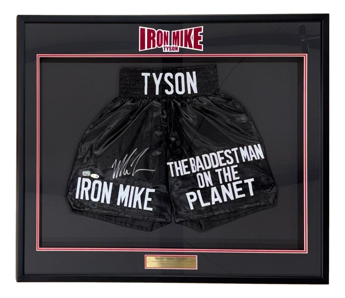 Mike Tyson Signed Framed Custom Black Baddest Man Boxing Trunks JSA QR Hologram