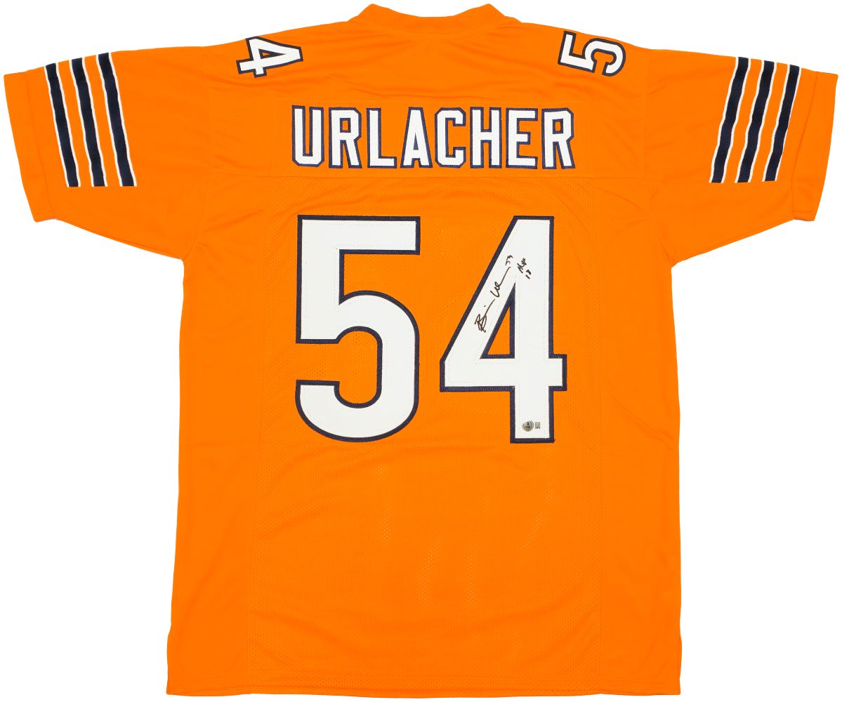 This Sports Integrity Brian Urlacher Chicago Signed Orange Football Jersey features black and white sleeve stripes, "URLACHER" and number 54 on the back, plus a visible autograph with HOF 18 inscription.