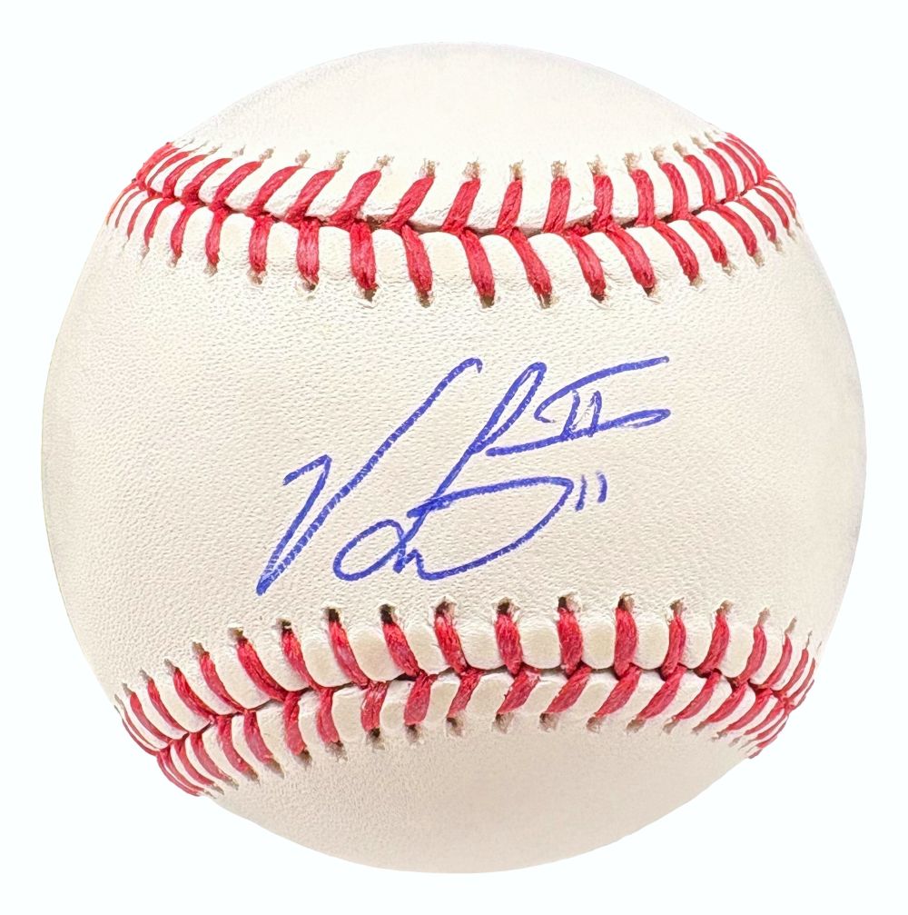 A Victor Scott II St. Louis Cardinals Official MLB Baseball by Sports Integrity, signed in blue, with red stitching and white leather.