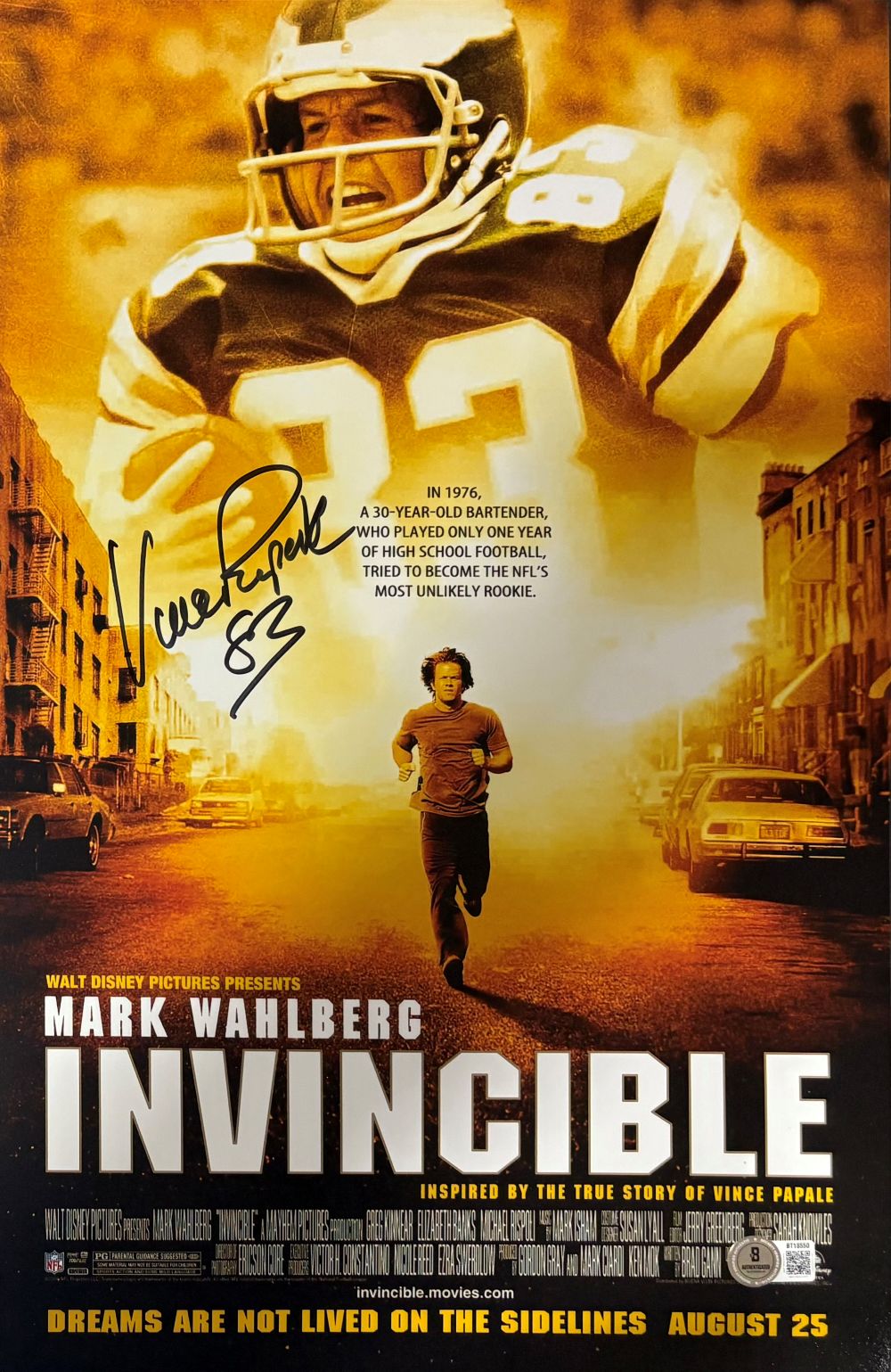 The Vince Papale Philadelphia Eagles Signed 11x17 Invincible Movie Poster Photo by Sports Integrity features a football player running down a city street, with his faded image above and the tagline: Dreams are not lived on the sidelines.