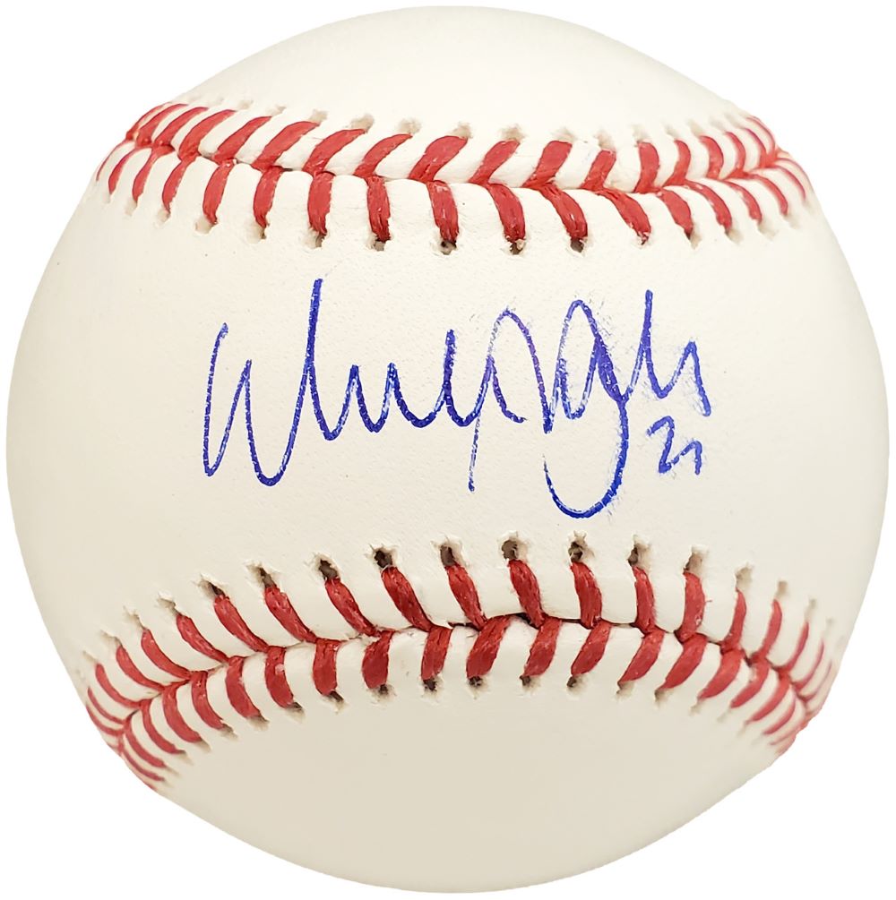 A Sports Integrity official MLB baseball with red stitching, signed in blue by Walker Buehler (#21), Boston Red Sox.