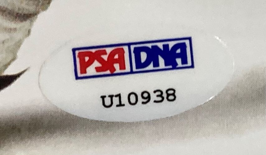 Close-up of the PSA sticker (code U10938) used to authenticate the Sports Integrity Walter Payton Signed Framed 16x20 Chicago Bears Legend Among Us Photo.
