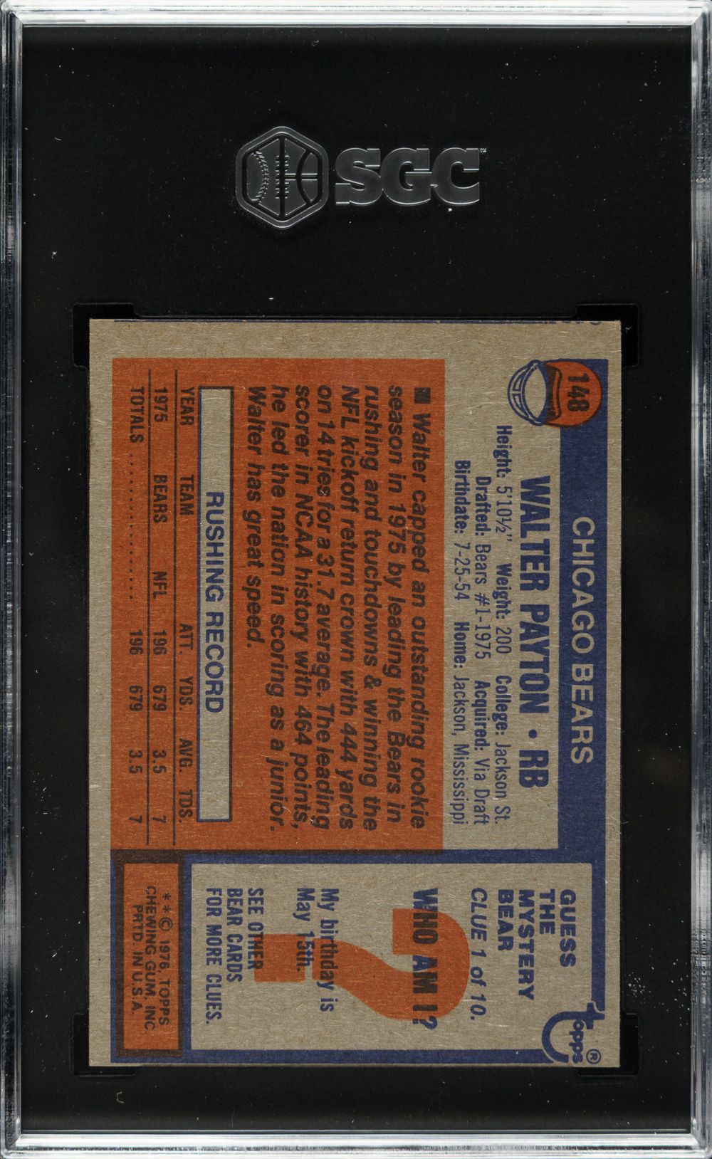 Walter Payton 1976 Topps #148 Chicago Bears Rookie Card SGC EX+ 5.5