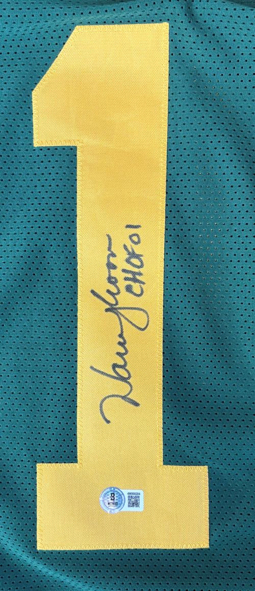 Warren Moon Edmonton Signed Green Football Jersey CHOF 01 Inscribed BAS
