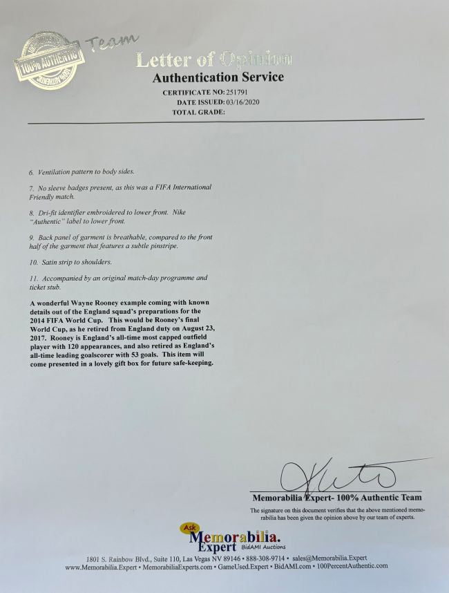 Wayne Rooney Game Used 2014 England Nike Soccer Jersey Memorabilia Expert LOA