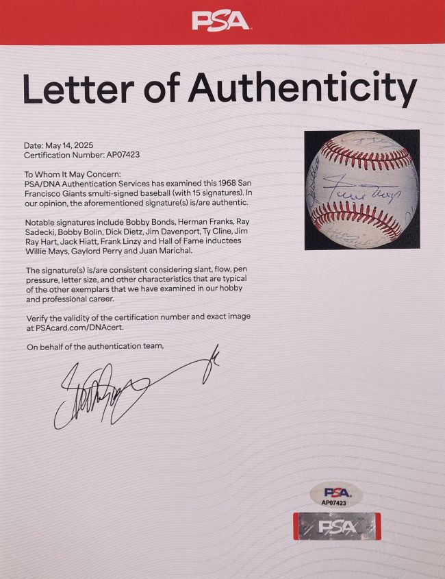 1968 San Francisco Giants Team Signed NL Baseball Willie Mays & More PSA/DNA LOA