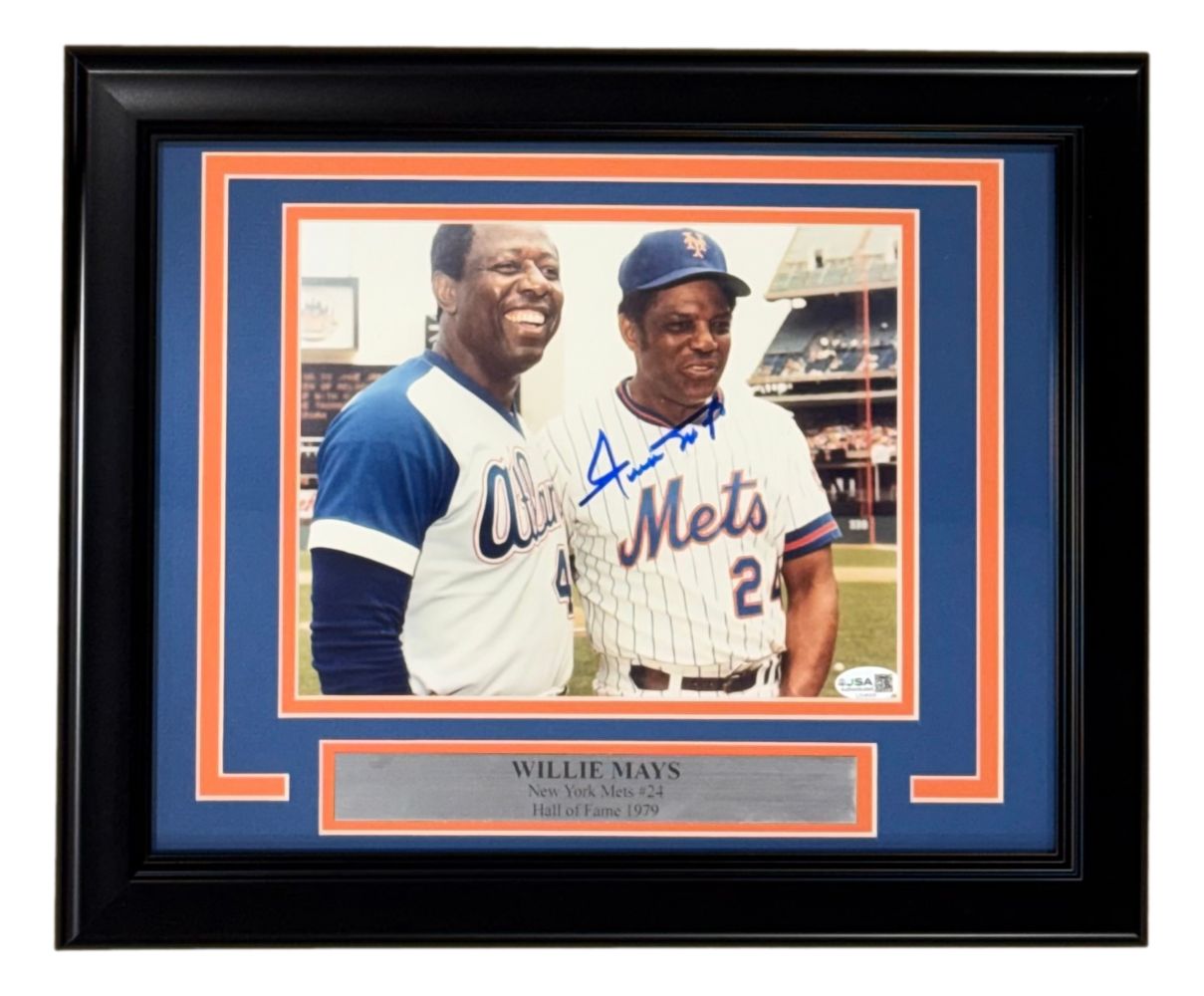 Willie Mays Signed Framed 8x10 New York Mets w/ Hank Aaron Photo JSA QR