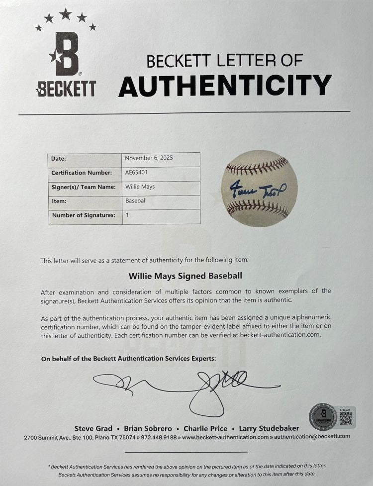 Willie Mays San Francisco Giants Signed Official MLB Baseball BAS AE65401