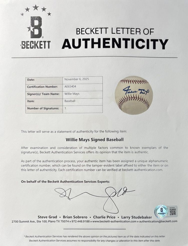 Willie Mays San Francisco Giants Signed Official MLB Baseball BAS AE65404