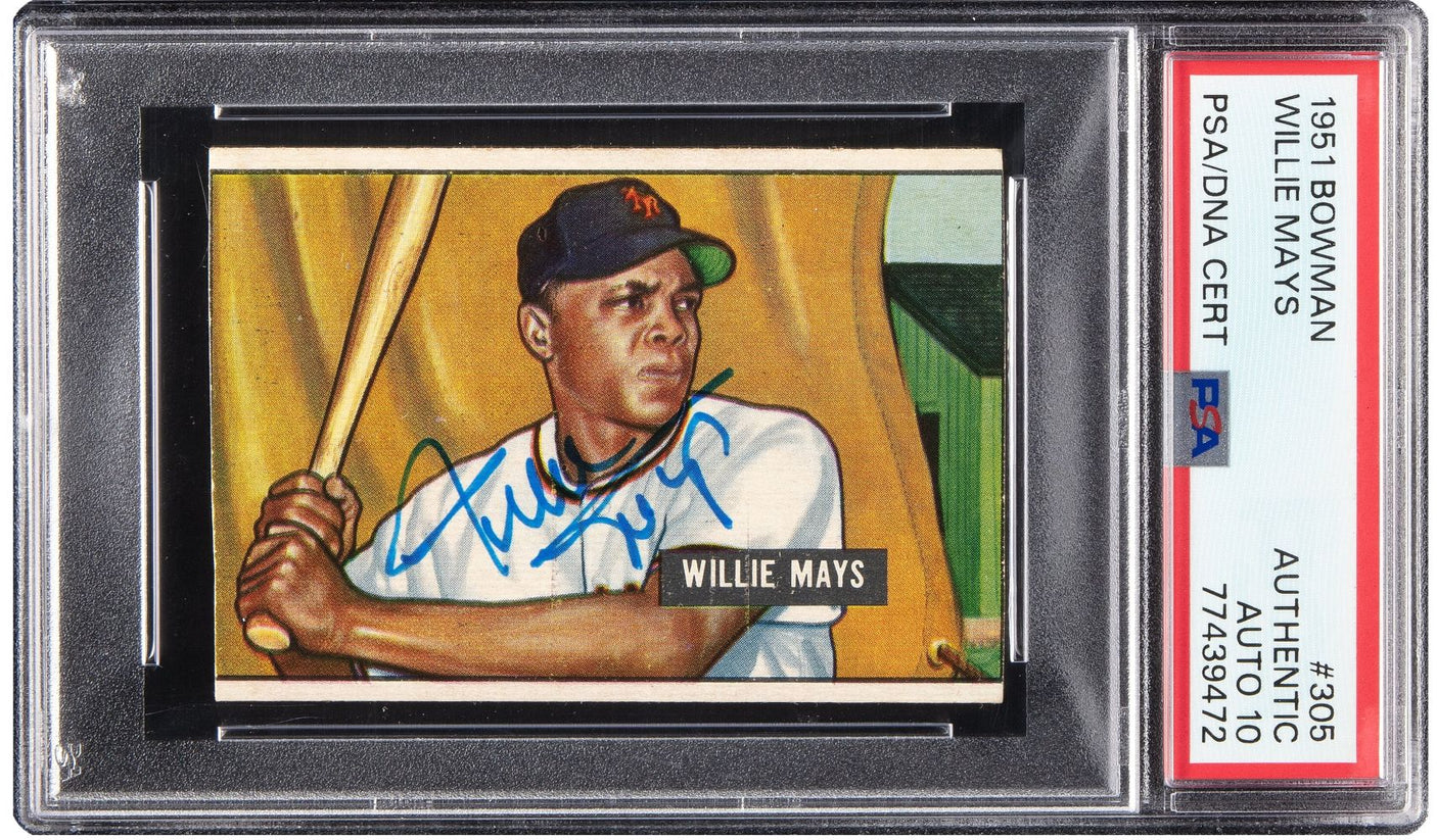 The Sports Integrity Willie Mays Signed 1951 Bowman #305 Giants Rookie Card is displayed in a PSA holder with Auto Grade 10 and features Mays’ blue ink autograph across the front.