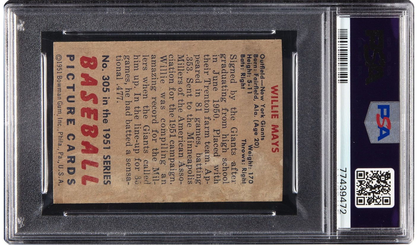 The Willie Mays Signed 1951 Bowman #305 Giants Rookie Card by Sports Integrity is PSA graded and encased, featuring stats, a bio of Mays, and BASEBALL PICTURE CARDS printed vertically on the left. PSA Auto Grade: 10.