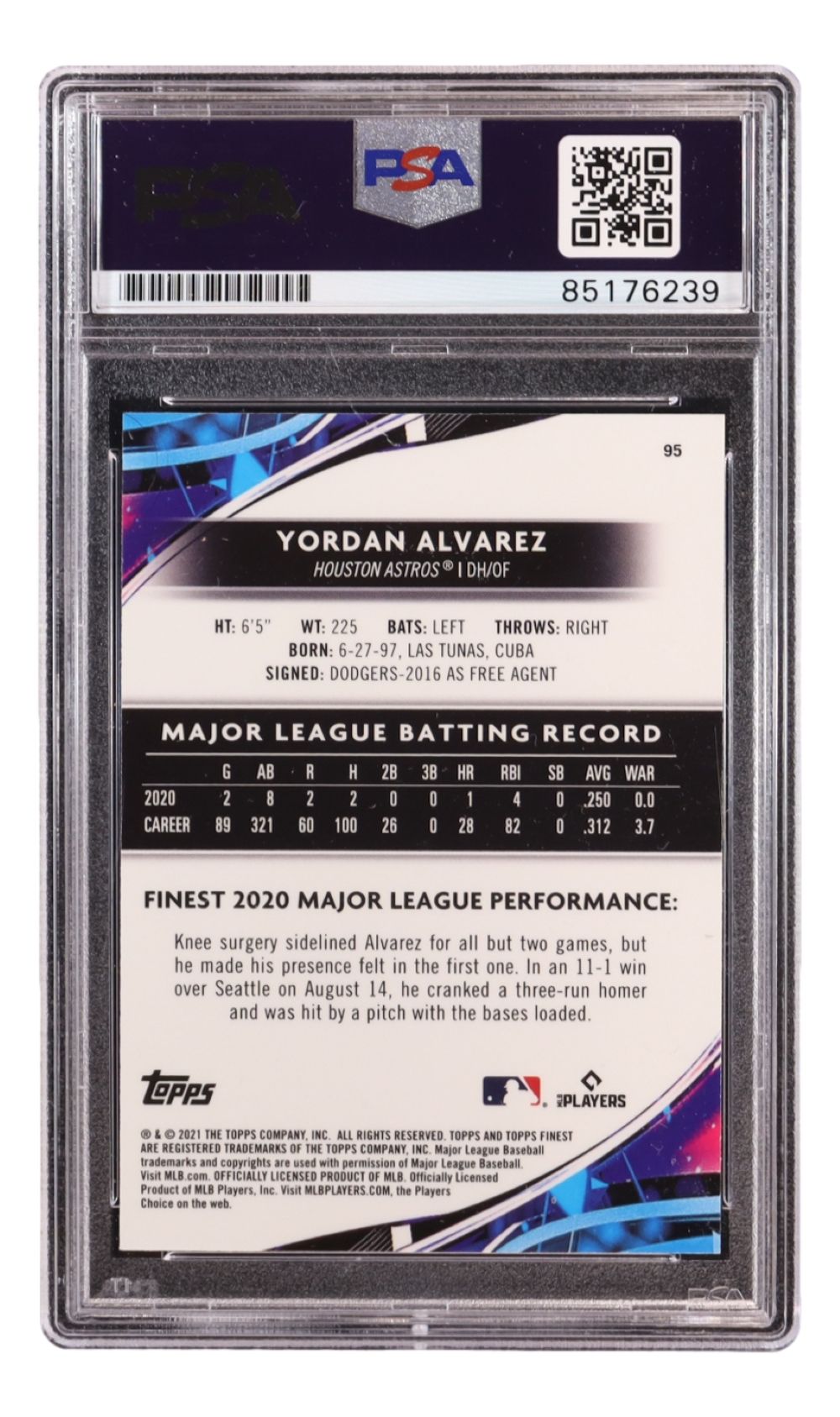 Yordan Alvarez Signed 2021 Topps #95 Astros Trading Card PSA/DNA