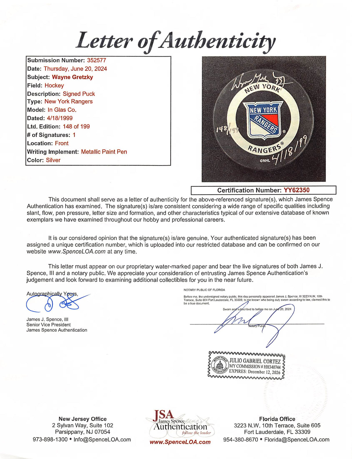 Wayne Gretzky Signed & Framed NY Rangers Logo Puck LE #148/199 JSA #YY62350