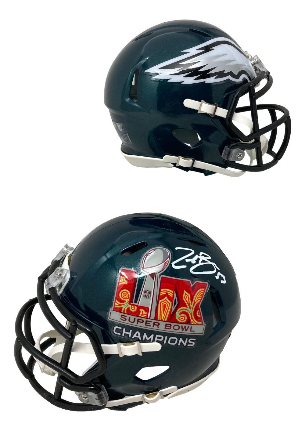Two views of a Zack Baun signed Philadelphia Eagles Super Bowl 59 Mini Speed Helmet by Sports Integrity—one side features the team's eagle wing logo, the other displays a Super Bowl decal and autograph.