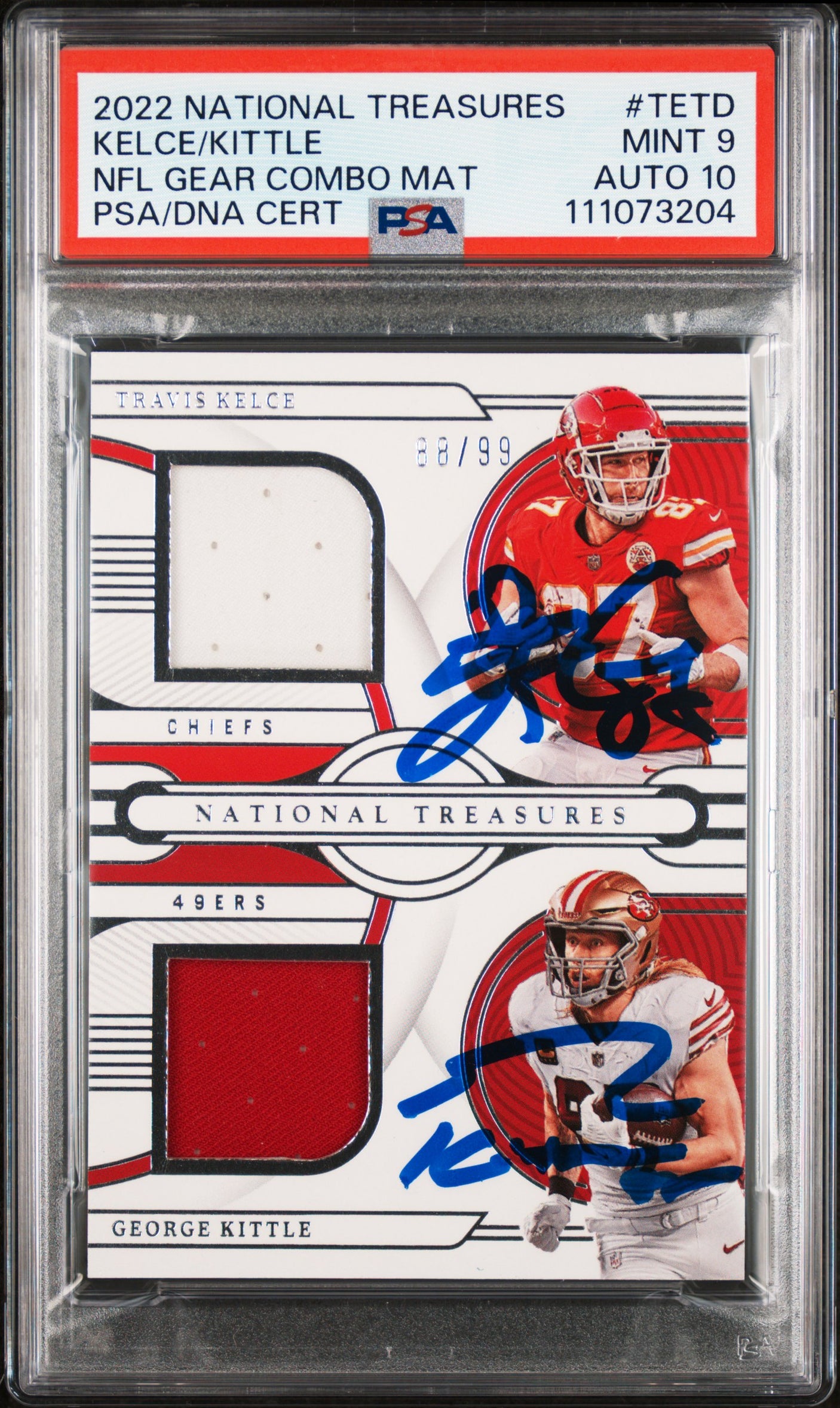 Travis Kelce & George Kittle Signed 2022 NT #TETD #88/99 Card 9 Auto 10 PSA Slab