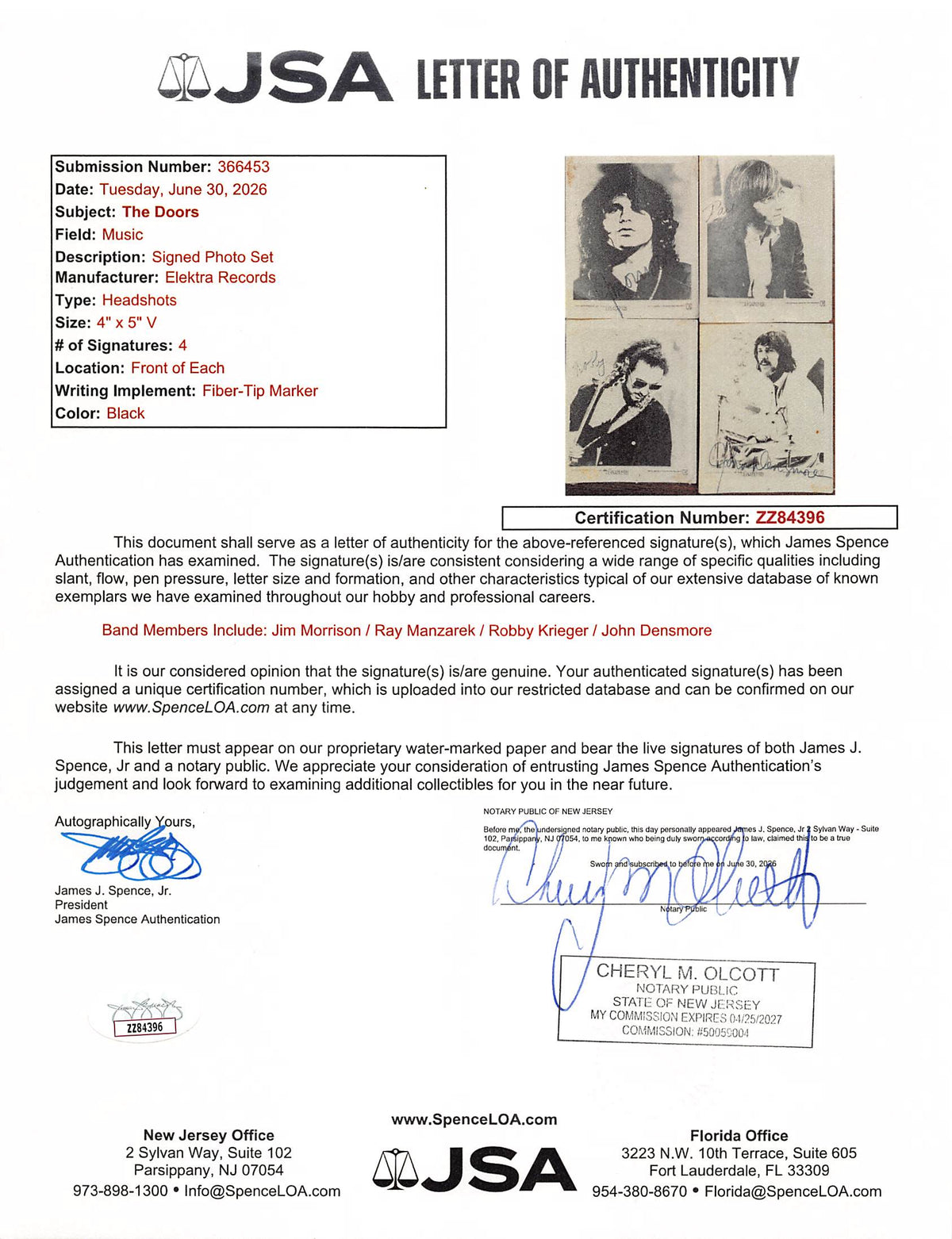 The Doors (4) Morrison, Manzarek, Krieger & Densmore Signed Framed Display JSA