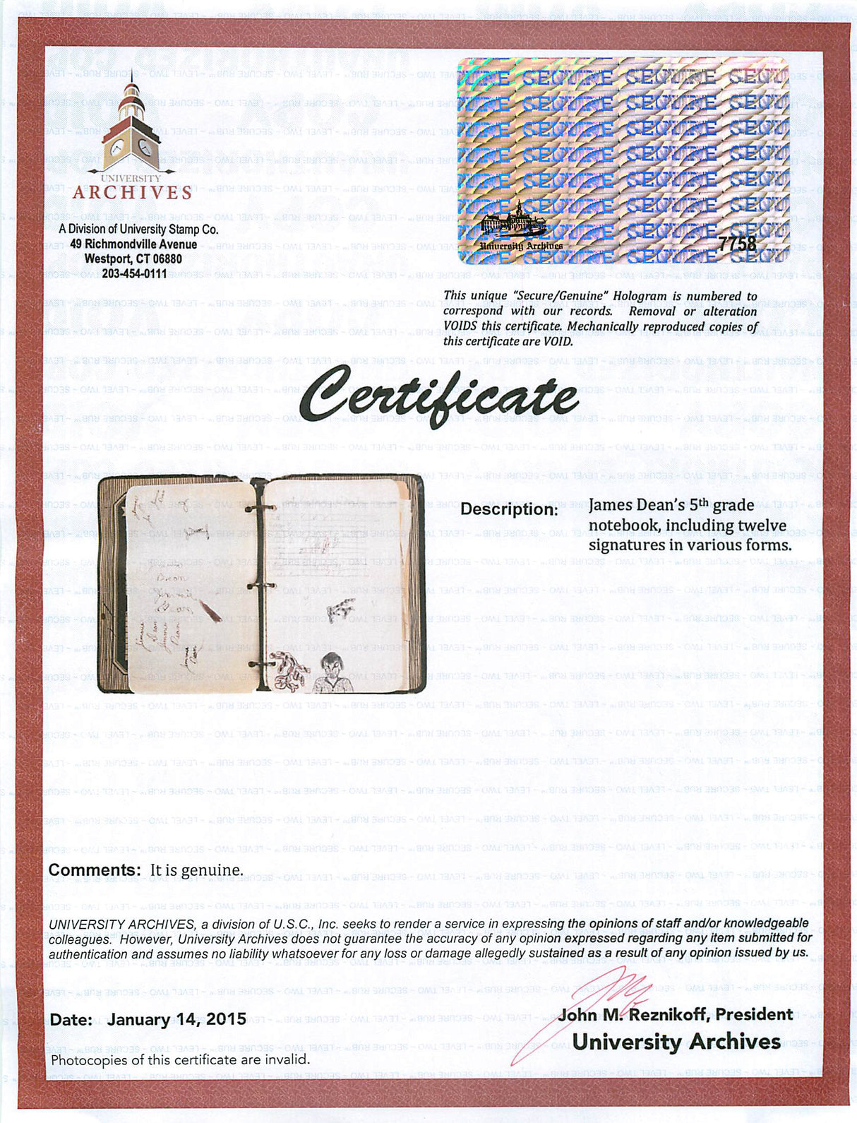 James Dean 1.5x2 Handwriting Sample from 5th Grade Notebook JSA Slabbed #8947582