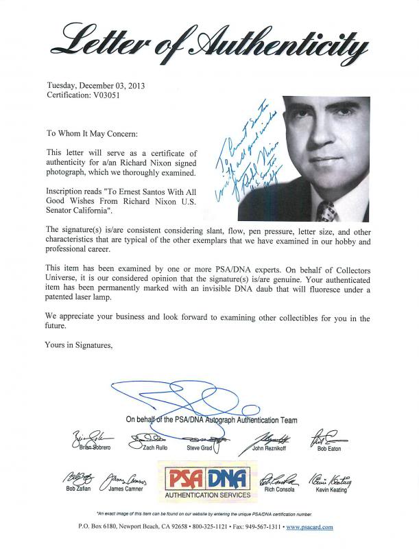President Richard Nixon "Us Senator" Signed Authentic 8X10 Photo PSA/DNA #V03051
