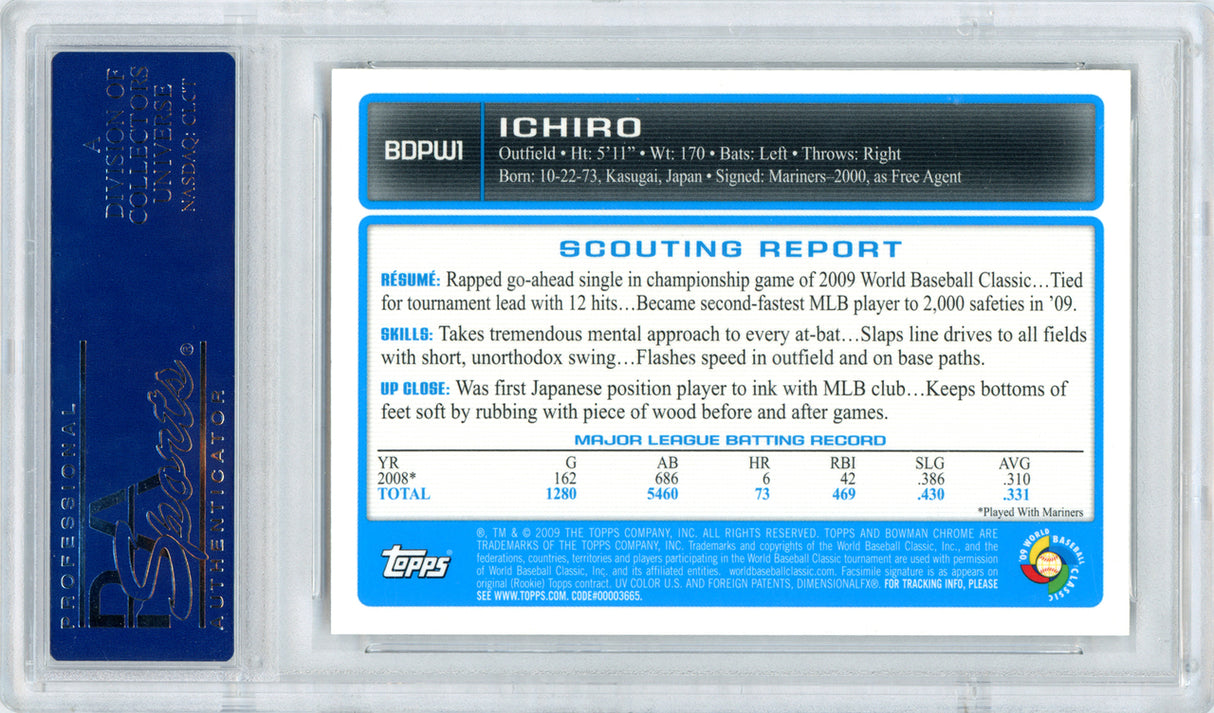 Ichiro Suzuki Autographed 2009 Bowman Chrome WBC Card #1 Seattle Mariners PSA/DNA Stock #15655 - PristineMarketplace