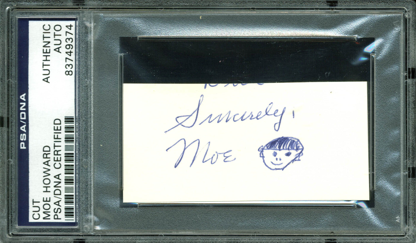 Moe Howard Signed 1.5x3.25 Cut w/ Hand Drawn Self Portrait Sketch PSA Slabbed