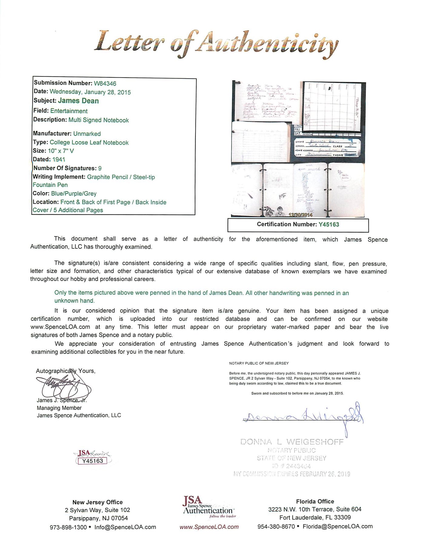 James Dean 1.5x2 Handwriting Sample from 5th Grade Notebook JSA Slabbed #8947582