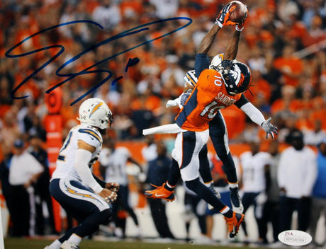 Emmanuel Sanders Autographed Broncos 8x10 Leap for Ball  Photo- JSA Witness Auth Image 1