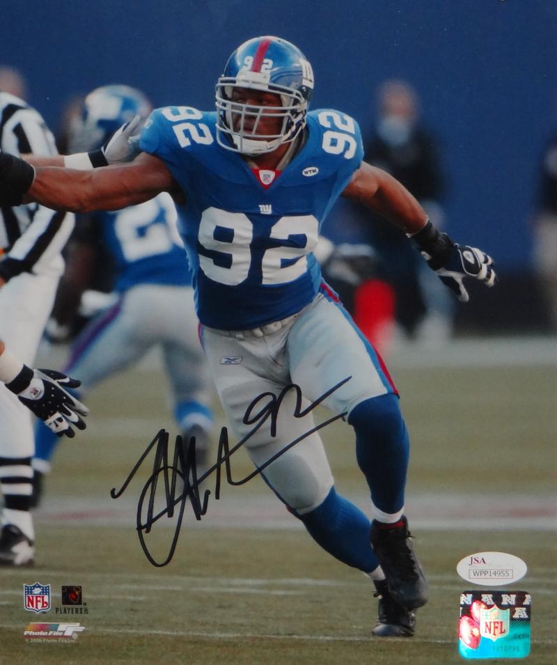 Michael Strahan Autographed NY Giants 8x10 Rushing PF Photo- JSA W Auth *Black