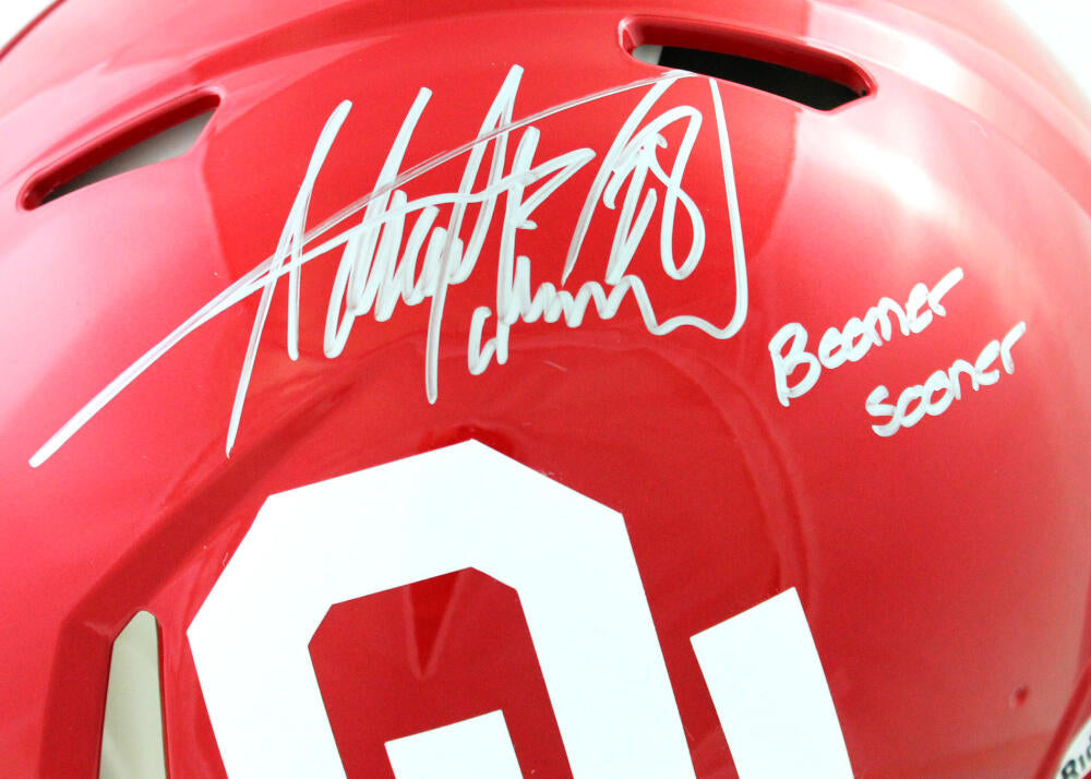 Adrian Peterson Autographed Oklahoma Sooners F/S Speed Authentic Helmet w/ Inscription - Beckett Witness *Silver