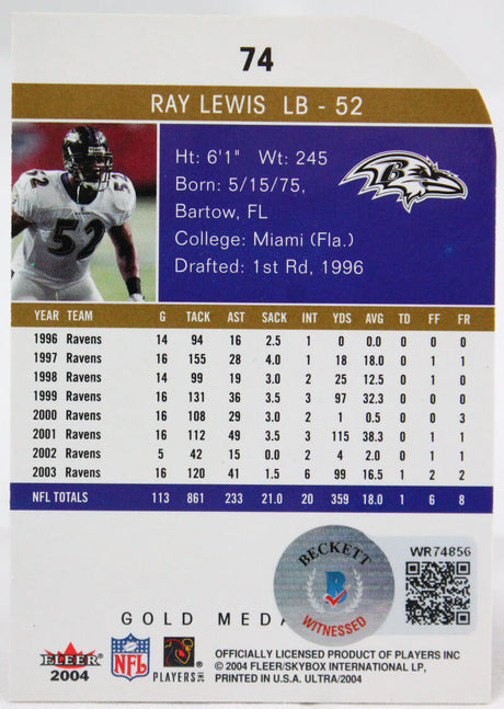 2004 Fleer Ultra Gold #74 Ray Lewis Baltimore Ravens Autograph Beckett Witness  Image 2