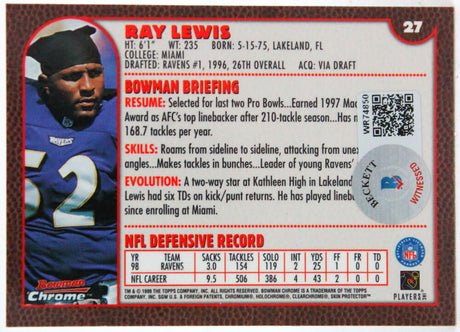 1999 Bowman Chrome #27 Ray Lewis Baltimore Ravens Autograph Beckett Witness  Image 2