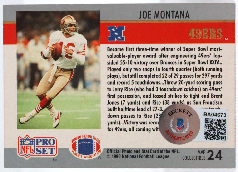 1990 Pro Set #24 Joe Montana SF 49ers Autograph Beckett Witness Image 2