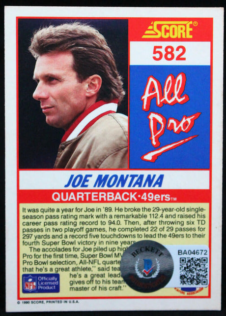 1990 Score All-Pro #582 Joe Montana 49ers Autograph Beckett Authenticated Image 2