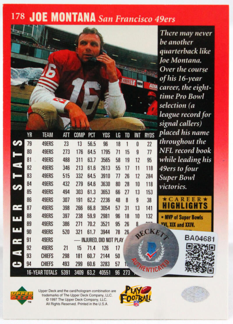 1997 Upper Deck #178 Joe Montana SF 49ers Autograph Beckett Authenticated  Image 2