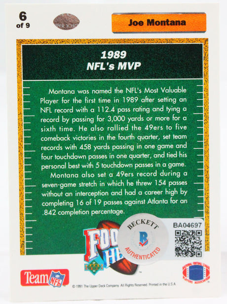 1991 UD Heroes #6 Joe Montana Auto SF 49ers Autograph Beckett Authenticated  Image 2