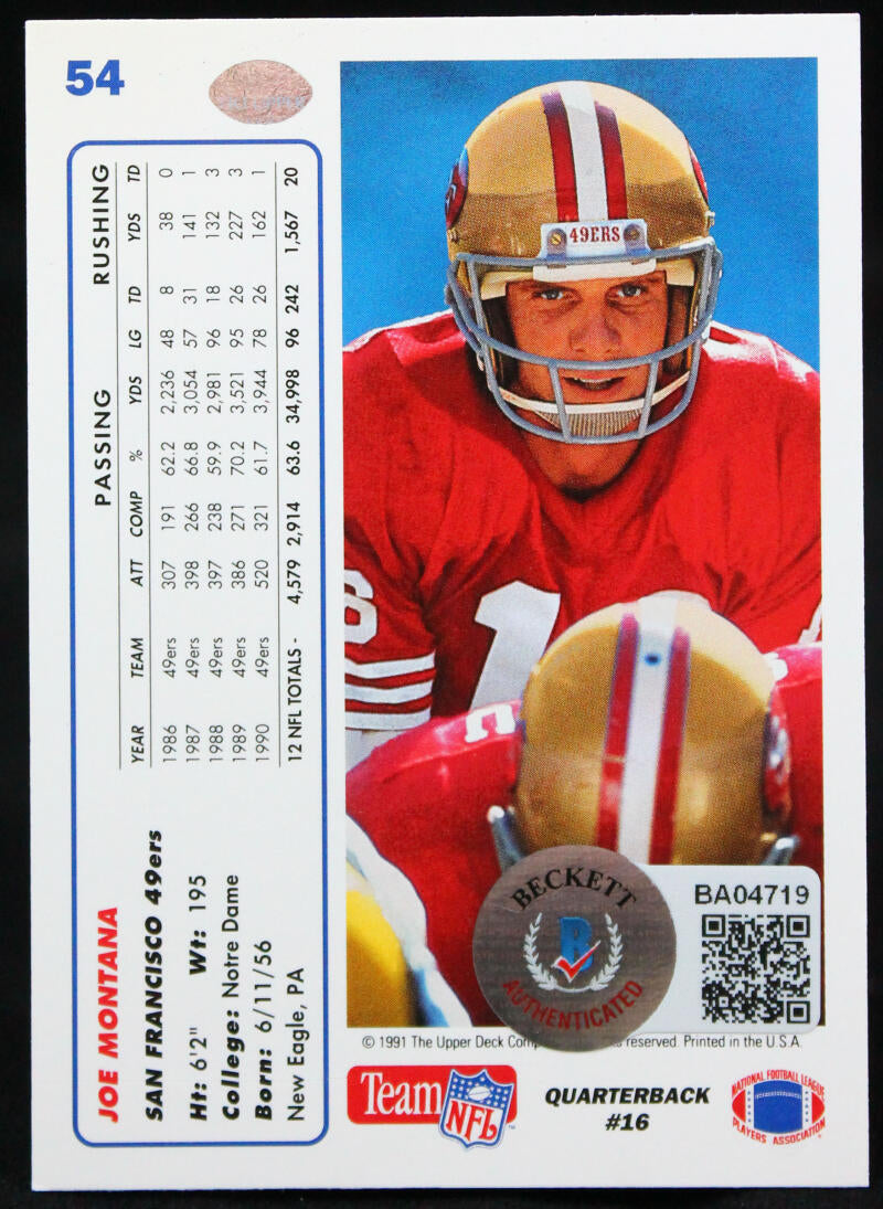 1991 Upper Deck #54 Joe Montana SF 49ers Autograph Beckett Authenticated Image 2