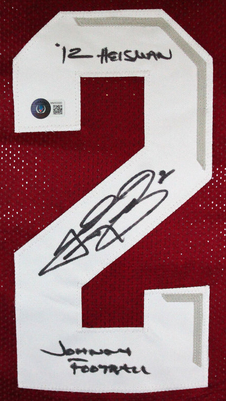Johnny Manziel Autographed Maroon College Style Jersey w/2 Insc.-Beckett W Hologram *Black Image 2