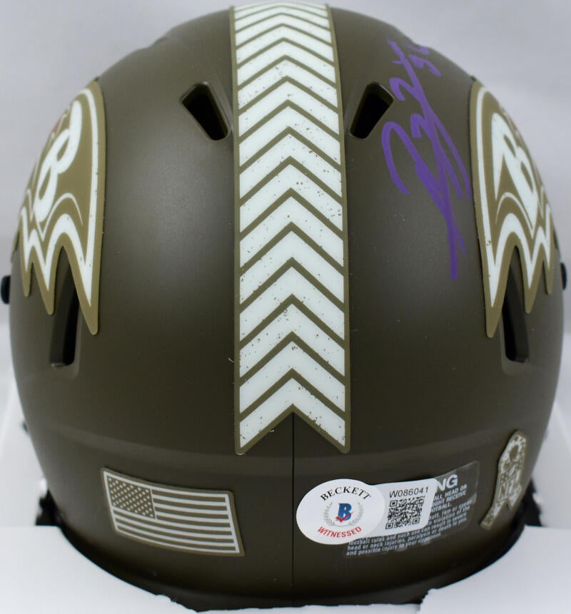 Ray Lewis Autographed Baltimore Ravens Salute to Service Speed Mini Helmet-Beckett W Hologram *Purple Image 3