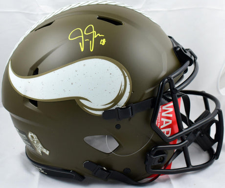 Justin Jefferson Autographed Vikings F/S Salute to Service Speed Authentic Helmet-Beckett W Hologram *Yellow Image 1