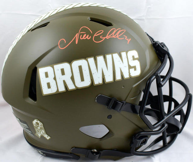 Nick Chubb Autographed Cleveland Browns F/S Salute to Service Speed Authentic Helmet-Beckett W Hologram *Orange Image 1