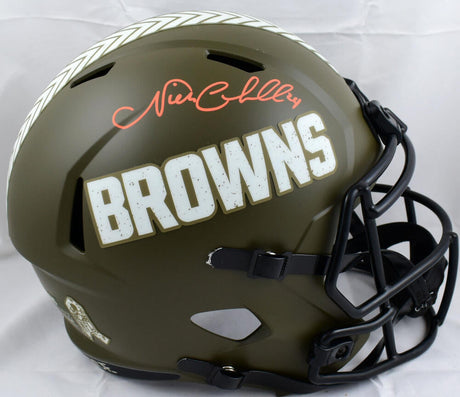 Nick Chubb Autographed Cleveland Browns F/S Salute to Service Speed Helmet-Beckett W Hologram *Orange Image 1