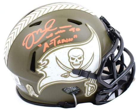 Mike Alstott Autographed Buccaneers Salute to Service Speed Mini Helmet W/A-Train - Beckett W Hologram *Orange Image 1
