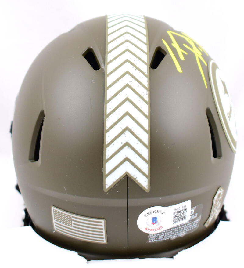 TJ Watt Autographed Pittsburgh Steelers Salute to Service Speed Mini Helmet - Beckett W Hologram *Yellow Image 3